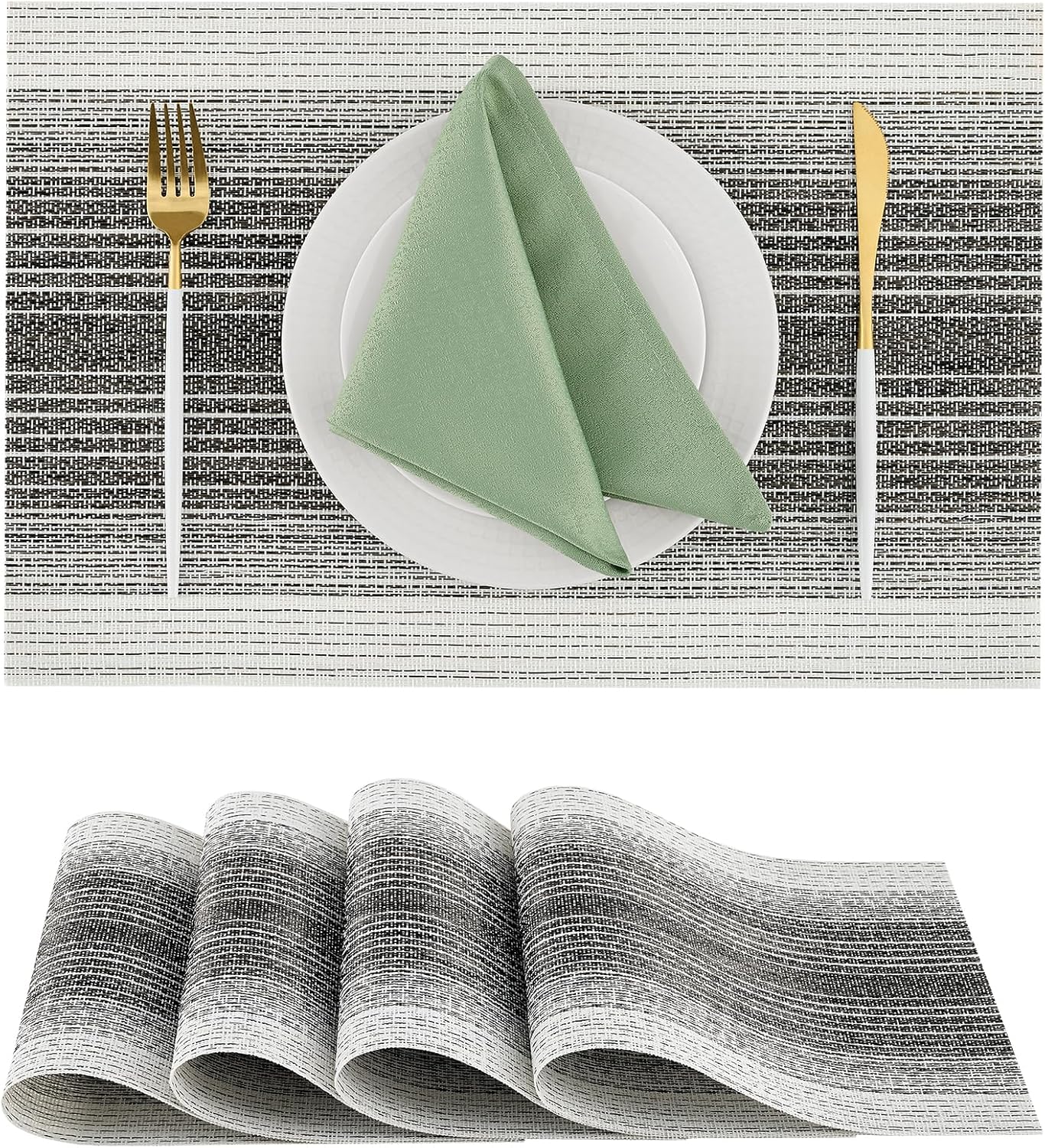 Leetaltree Black with White Woven Placemats Set of 4 - Heat Resistant Non-Slip Place mats for