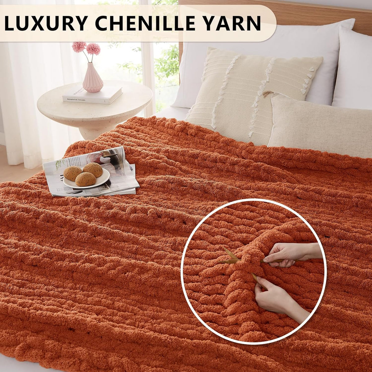 L'AGRATY Chunky Knit Blanket Throw: 72''x84'' Chenille Chunky Knitted Throw Blankets for Bed Couch