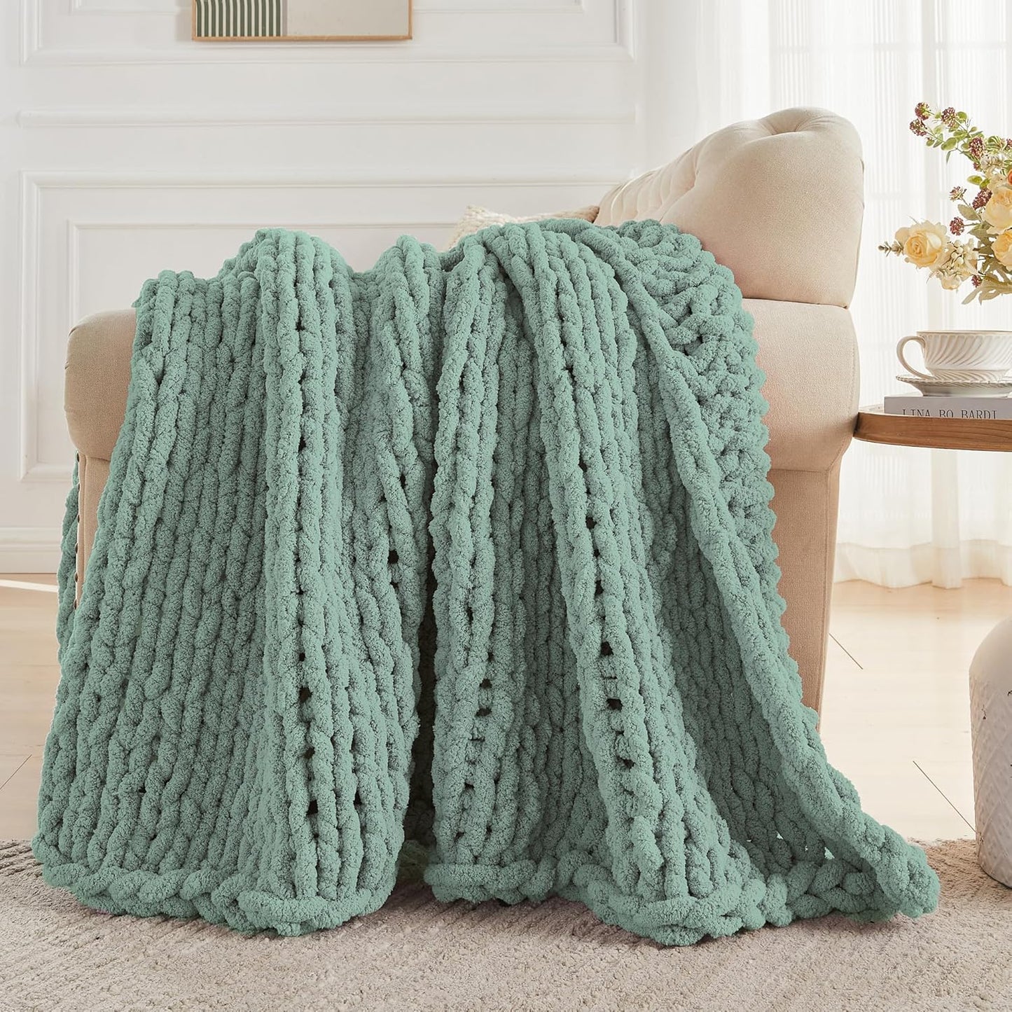 Carriediosa Chunky Knit Throw Blanket 50" X 60", 100% Hand Made Large Chenille Loop Yarn Soft