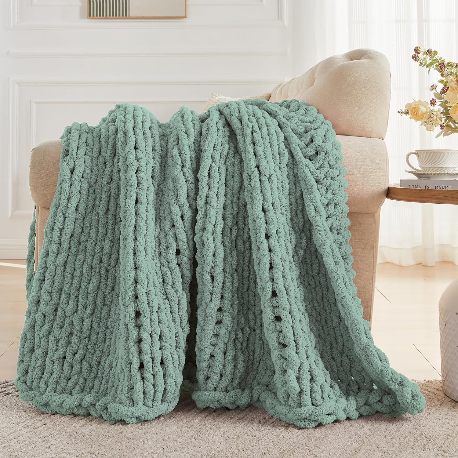 Carriediosa Chunky Knit Throw Blanket 50" X 60", 100% Hand Made Large Chenille Loop Yarn Soft