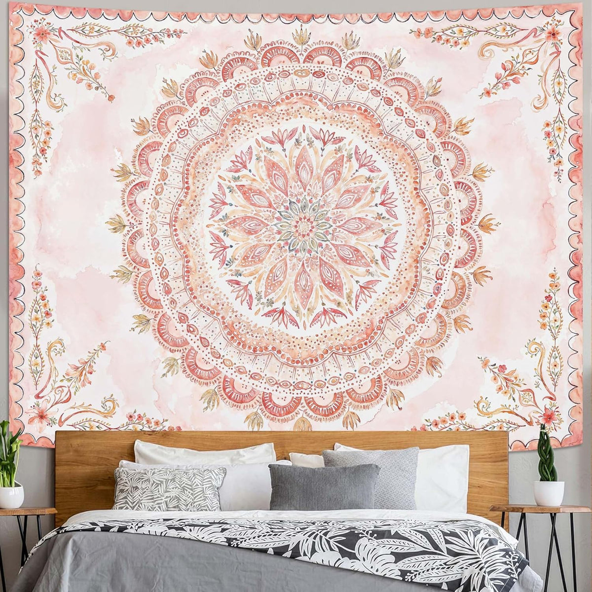 Fowocu Boho Floral Mandala Tapestry Wall Hanging Pink Bohemian Flower Medallion Tapestry Aesthetic