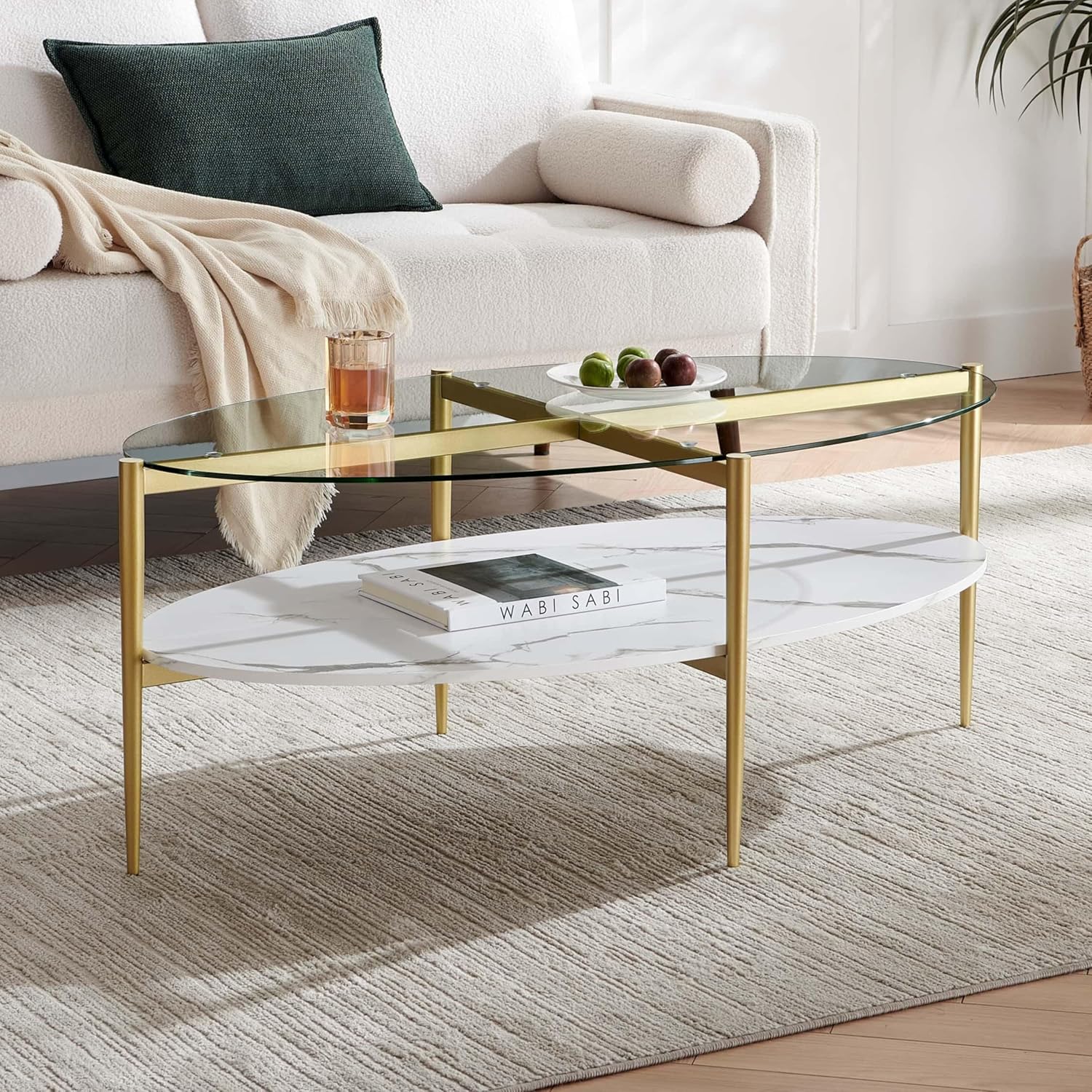 Oval Glass Coffee Table, Mid-Century Modern Design, L43 x W22 x H17 inch, Surfboard Shaped Clear