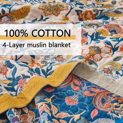Fall Boho Throw Blanket for Bed, Muslin Reversible Blanket Washable Breathable,100% Cotton
