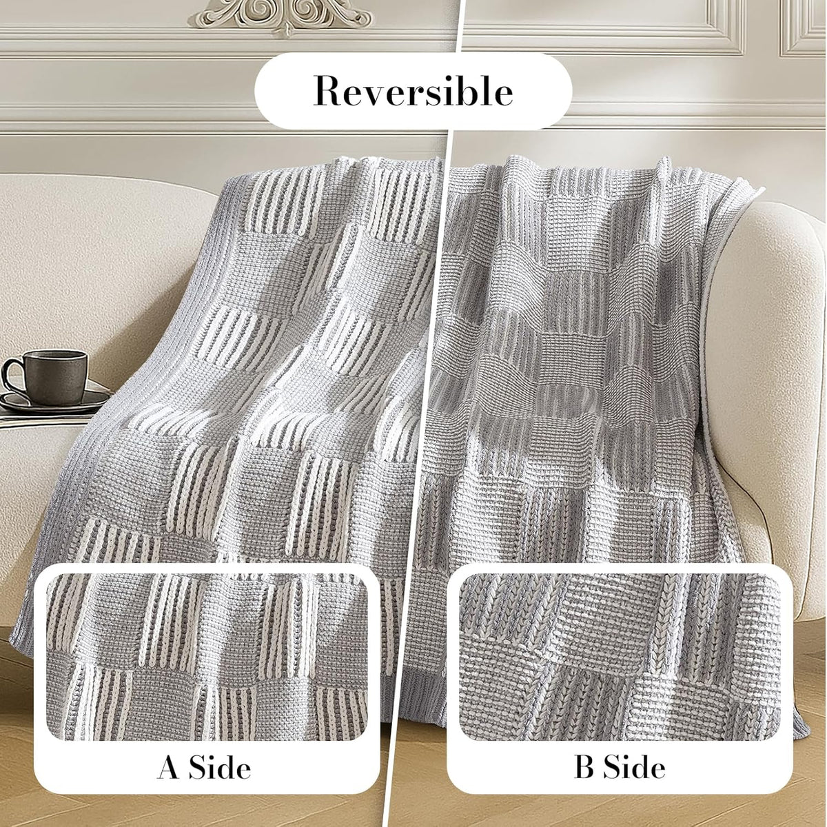 Amélie Home Chenille Knit Throw Blanket for Couch, Checkered Texture Decorative Soft Blanket for