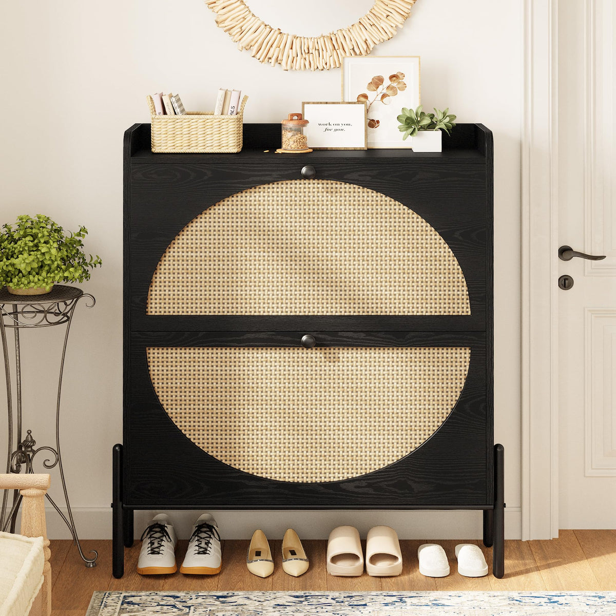 IRONCK Rattan Shoe Cabinet Storage with 2 Flip Drawers, Black