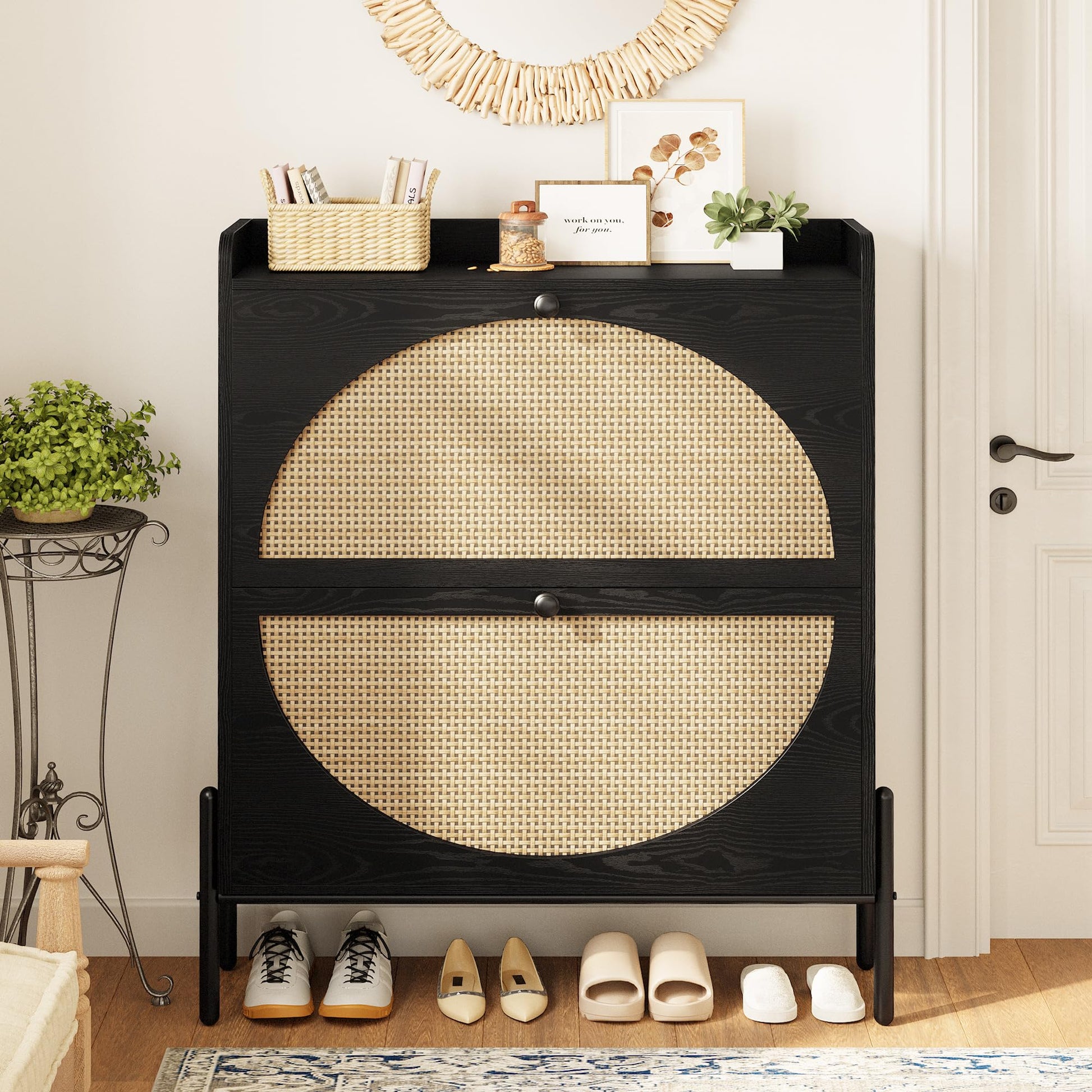 IRONCK Rattan Shoe Cabinet Storage with 2 Flip Drawers, Black