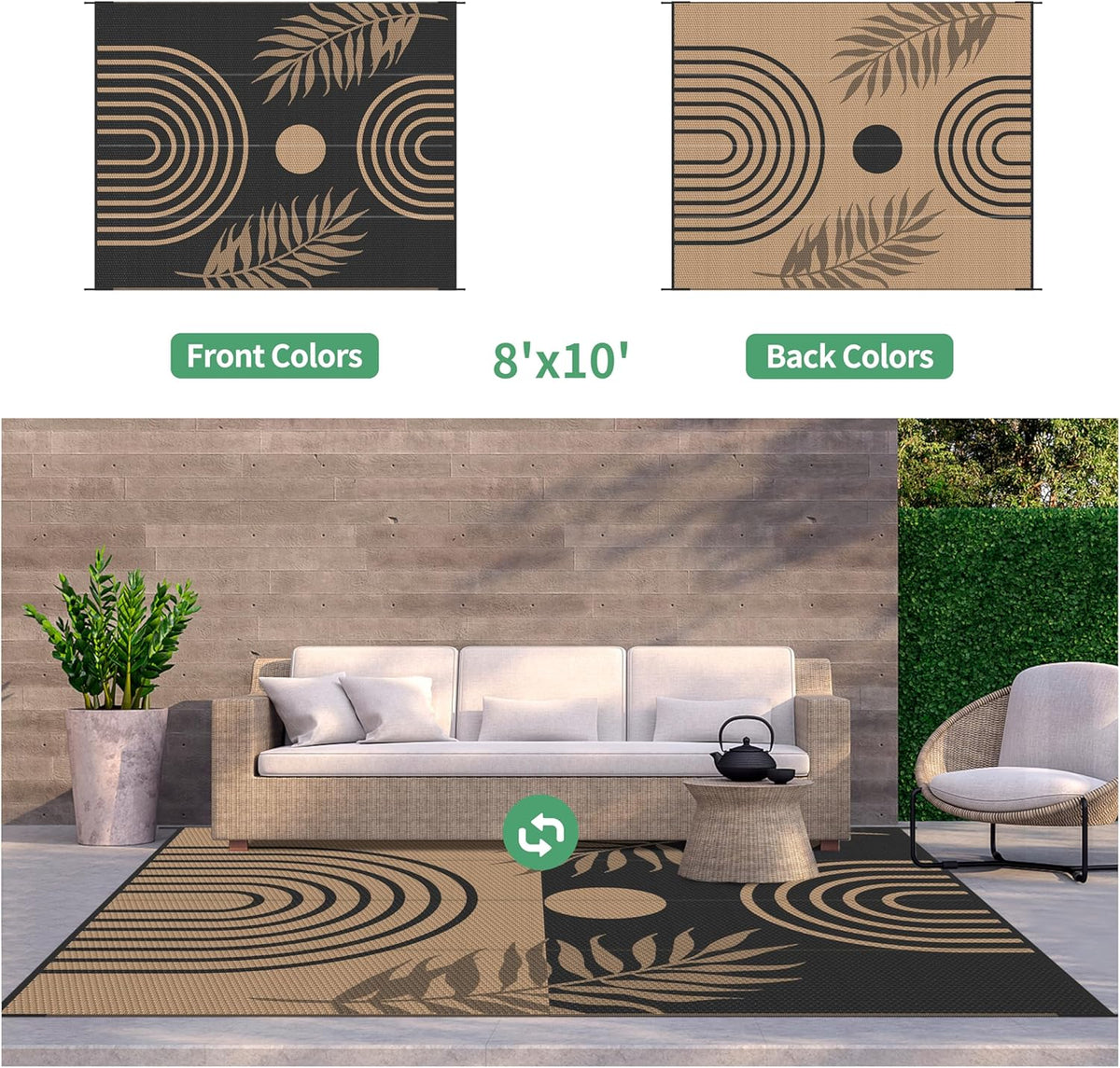 GENIMO Outdoor Rug 8' x 10' Waterproof for Patio Clearance, Reversible Lightweight Plastic Straw