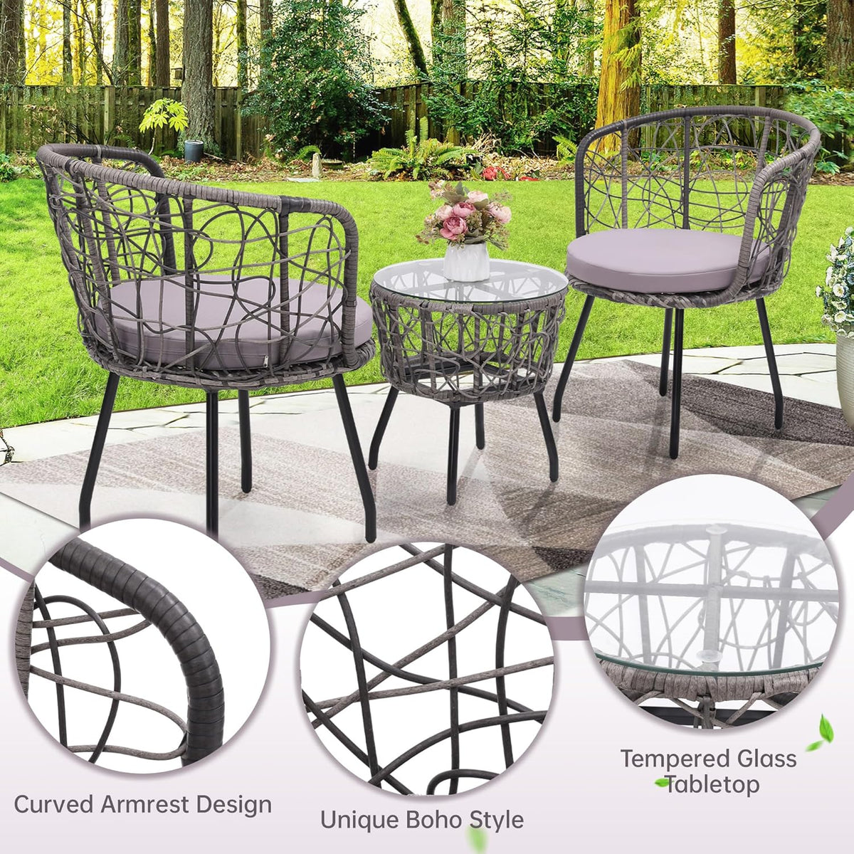 Kromax 3 Piece Bistro Set, Modern Outdoor Wicker Patio Furniture with Tempered Glass Table Top and