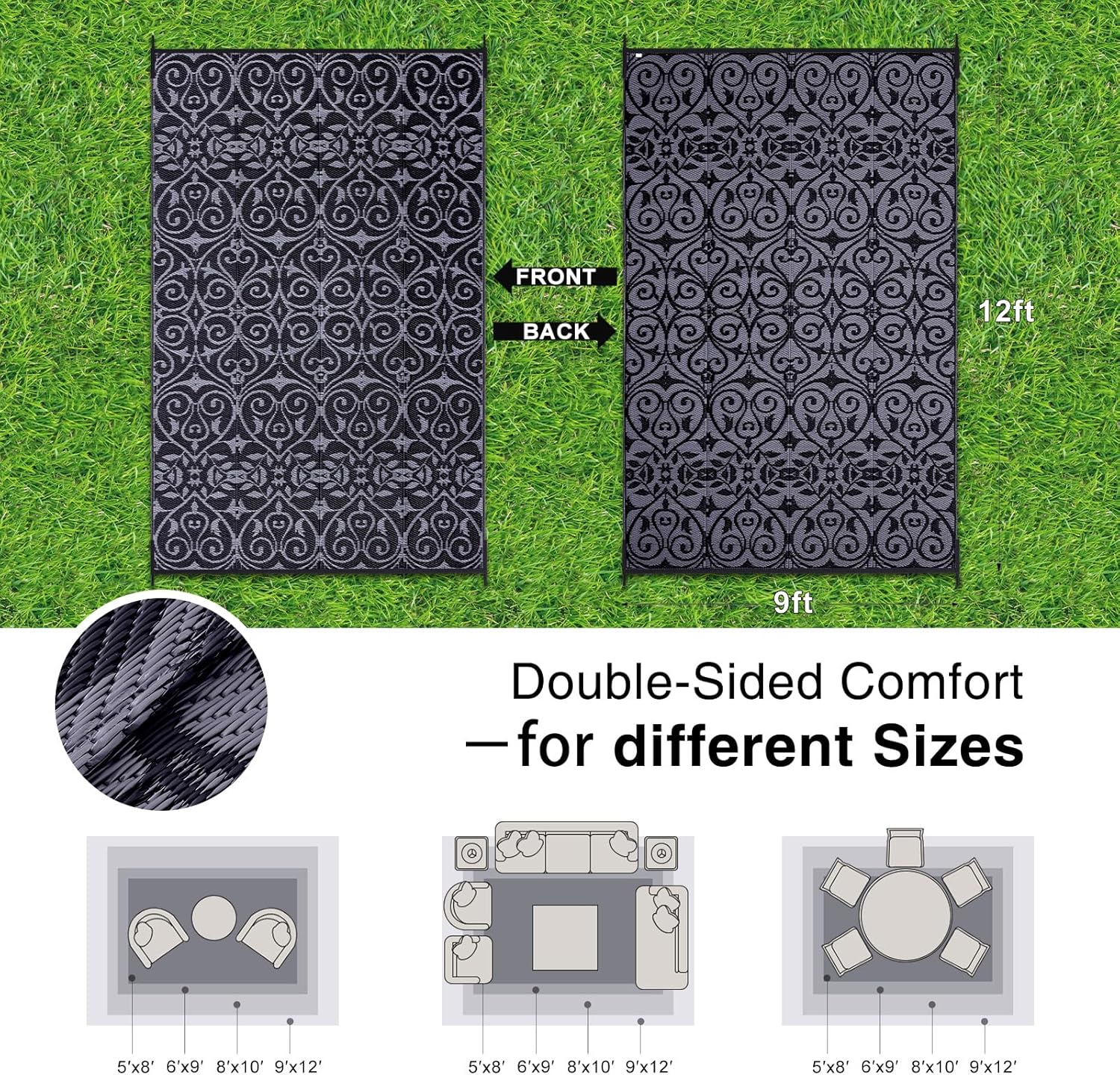 OLANLY Outdoor Rug Waterproof 9x12 ft Clearance, Reversible Outdoor Plastic Straw Rug with Floral