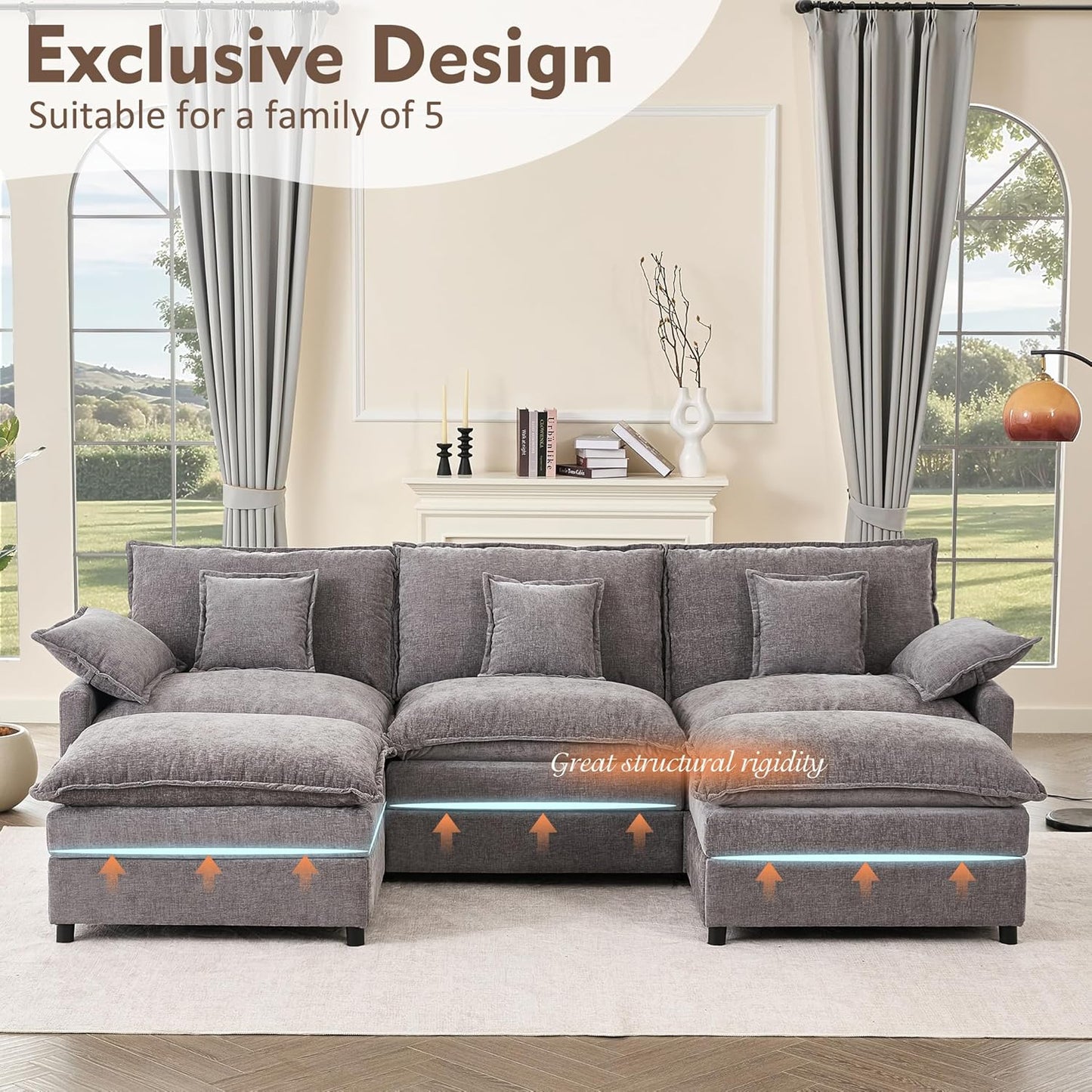 108" U Shaped Couch, Modular Sectional Sofa, 3-Seater Comfy Cloud Couch with Movable Ottoman, Deep