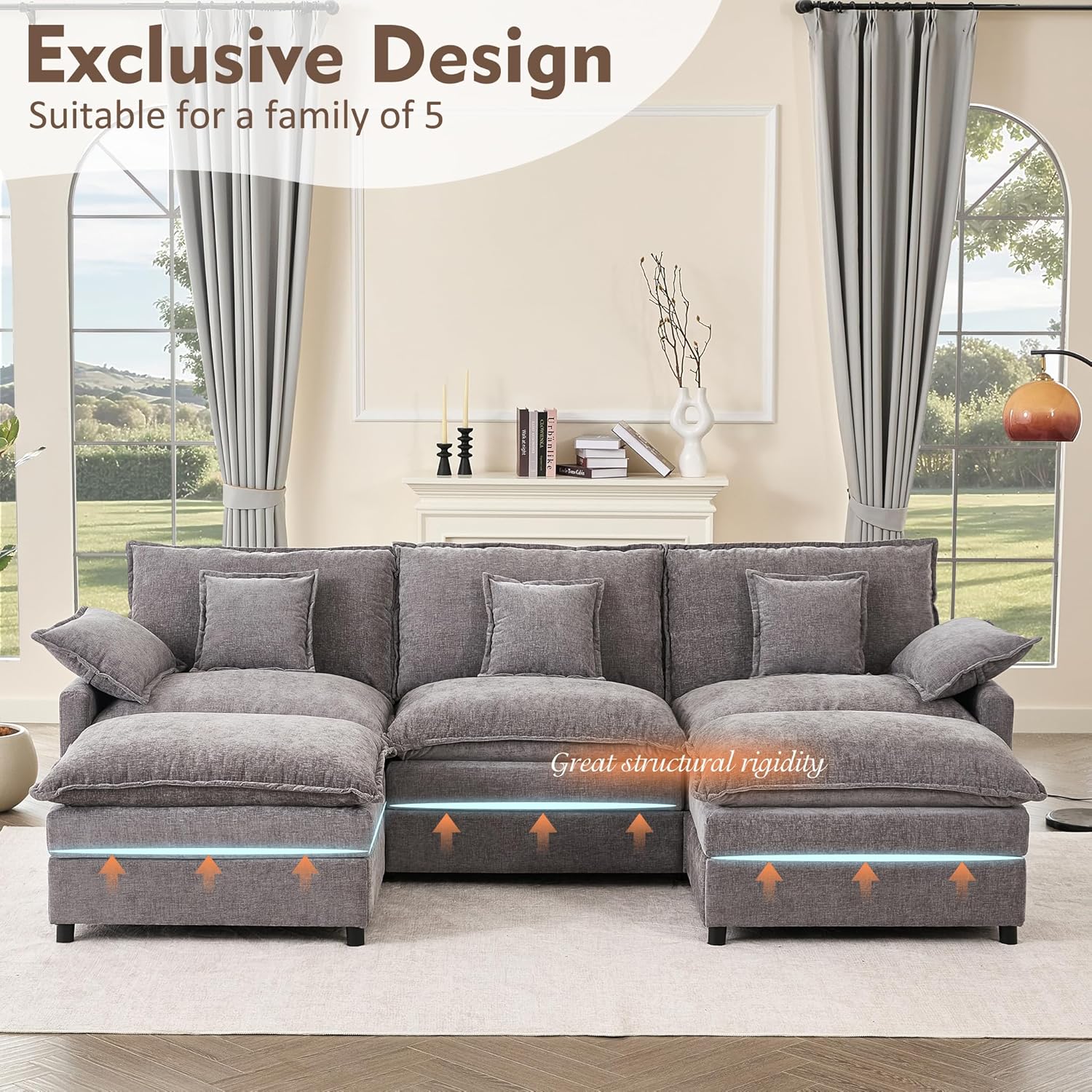108" U Shaped Couch, Modular Sectional Sofa, 3-Seater Comfy Cloud Couch with Movable Ottoman, Deep