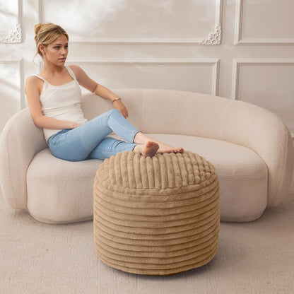 HIGOGOGO Round Stuffed Pouf Ottoman, Stripe Faux Fur Poufs with Foam Chunk Filling, Furry and
