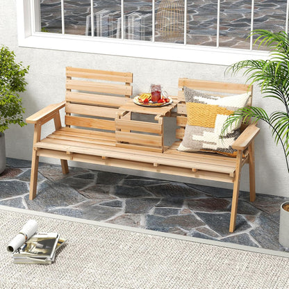 Tangkula Outdoor Fir Wood Bench with Foldable Middle Table, 2-3 Person Garden Bench with Backrest