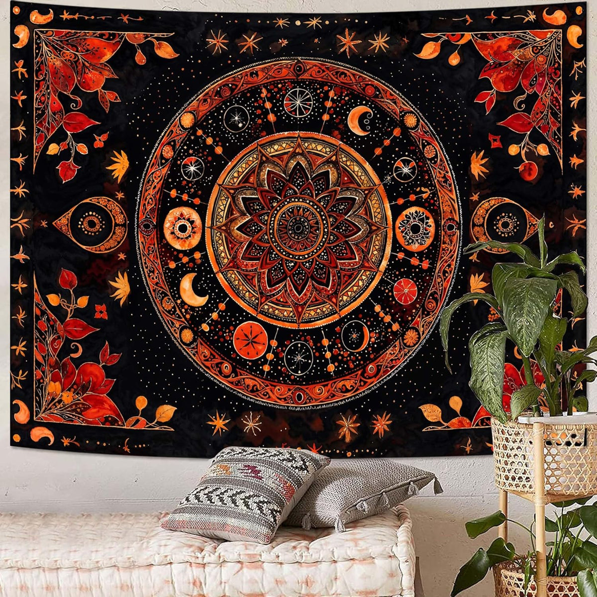 Lunerfex Mandala Moon and Stars Tapestry Boho Tapestry for Bedroom Black and Orange Tapestries Wall