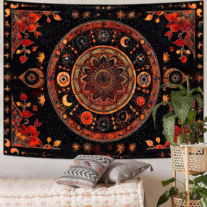 Lunerfex Mandala Moon and Stars Tapestry Boho Tapestry for Bedroom Black and Orange Tapestries Wall