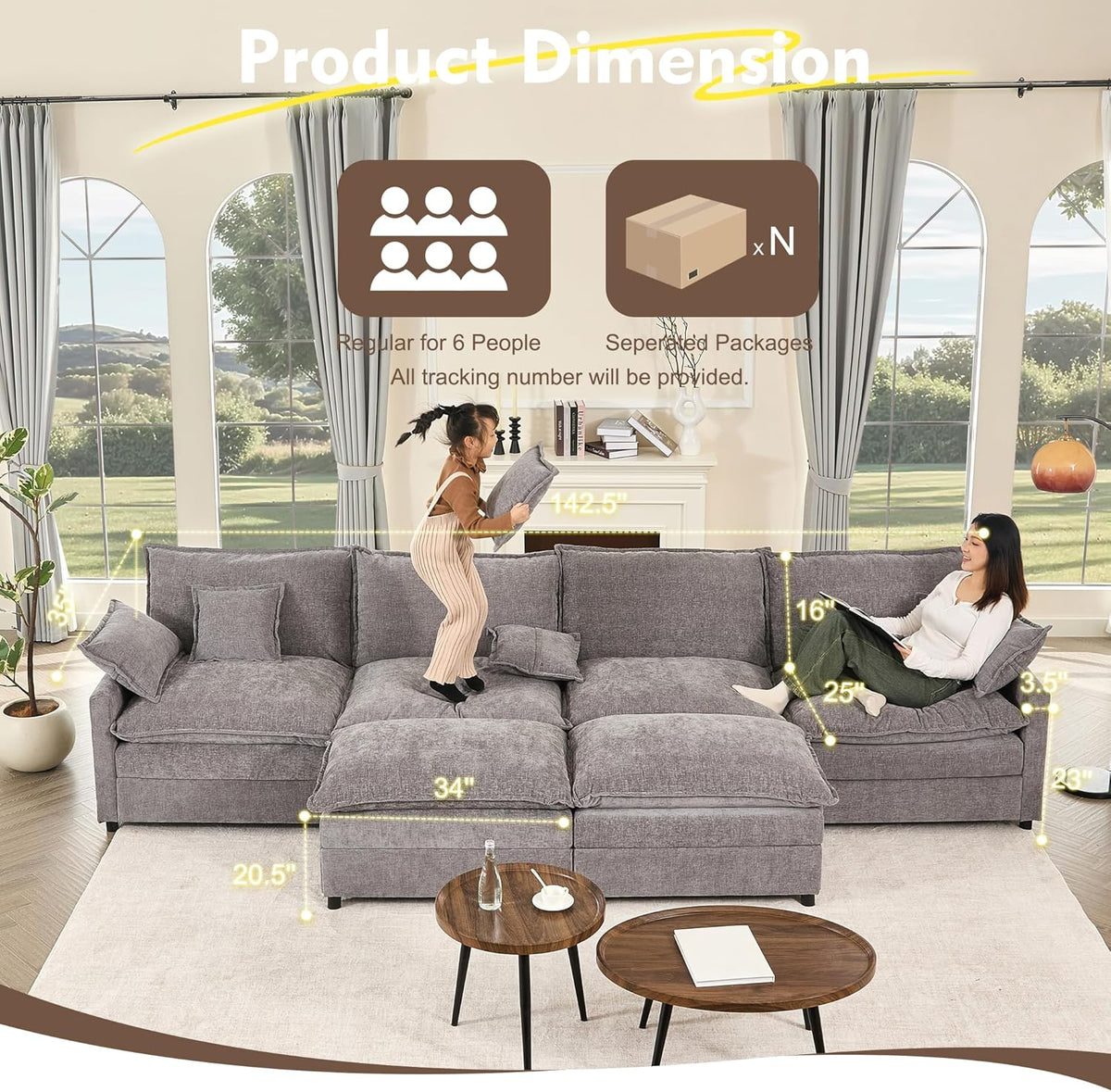 142.5" U Shaped Couch, Modular Sectional Sofa, 3-Seater Comfy Cloud Couch with Movable Ottoman