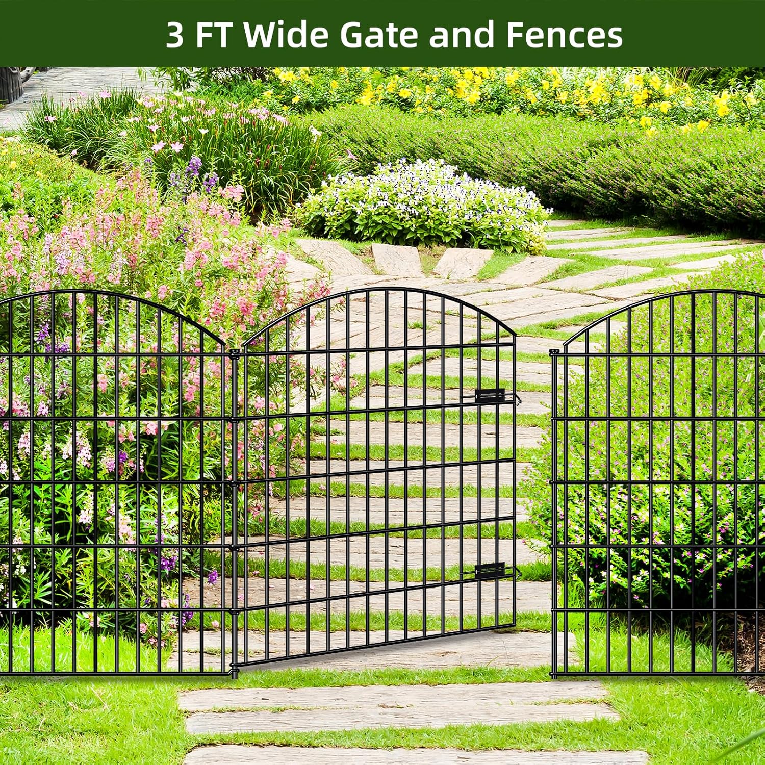 Metal Garden Gate and Fences Outdoor ECG1191, 1 Gate + 4 Fence Panels,43.2in Tall and Total Length