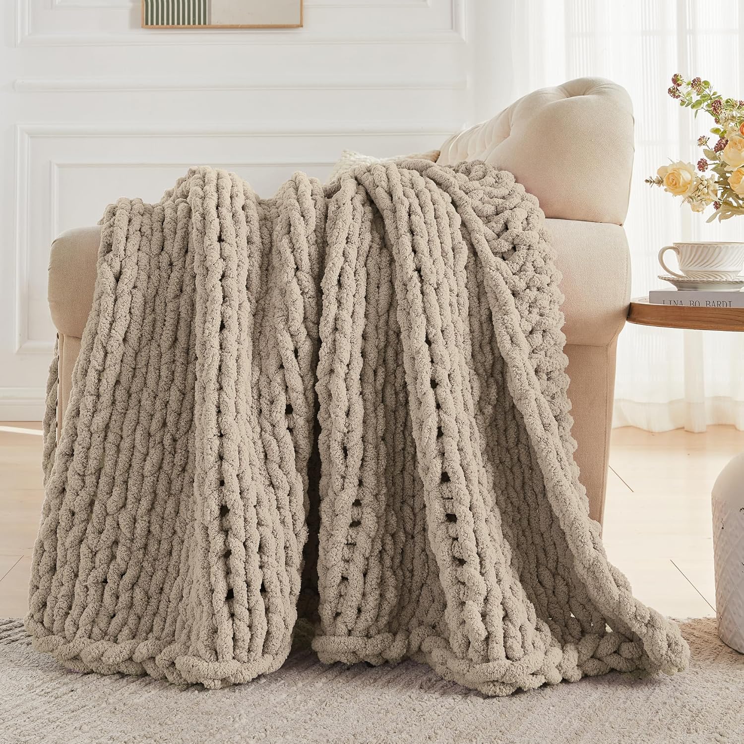Carriediosa Chunky Knit Throw Blanket 60" X 80" Twin, 100% Hand Made Large Chenille Loop Yarn Soft