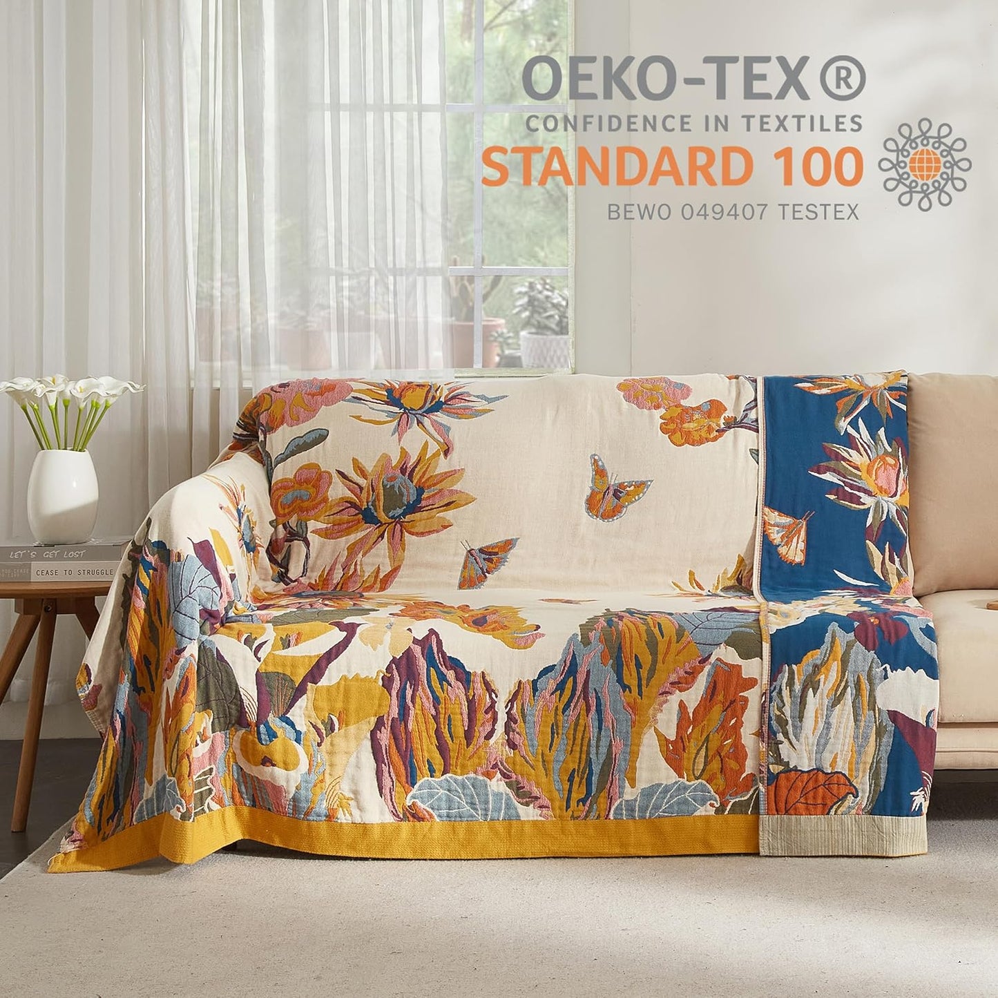Boho Throw Blanket for Bed 80”x90”, 100% Cotton Woven Blanket for Couch Sofa, Ultra Soft 4-Layer