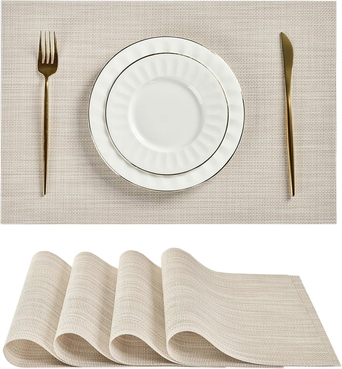 Leetaltree Beige White Placemats Set of 4 - Heat Resistant Non-Slip Place mats for Dining Table