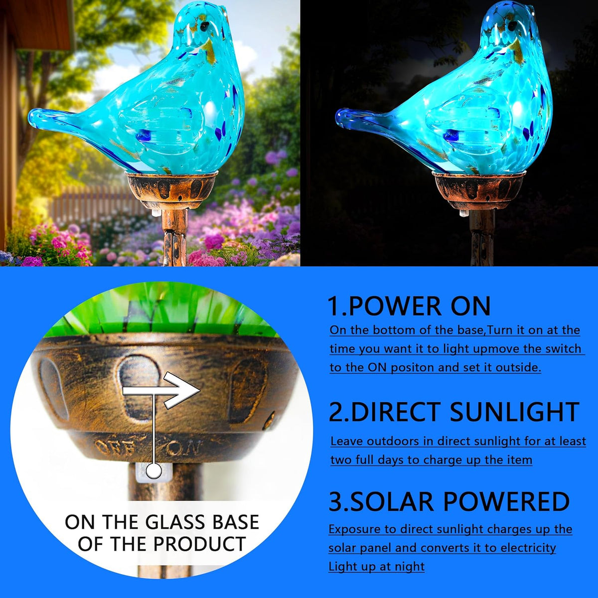 Decorative Solar Lights, Outdoor Solar Bird Stake Lights, Hand Blown Glass Decorative Garden
