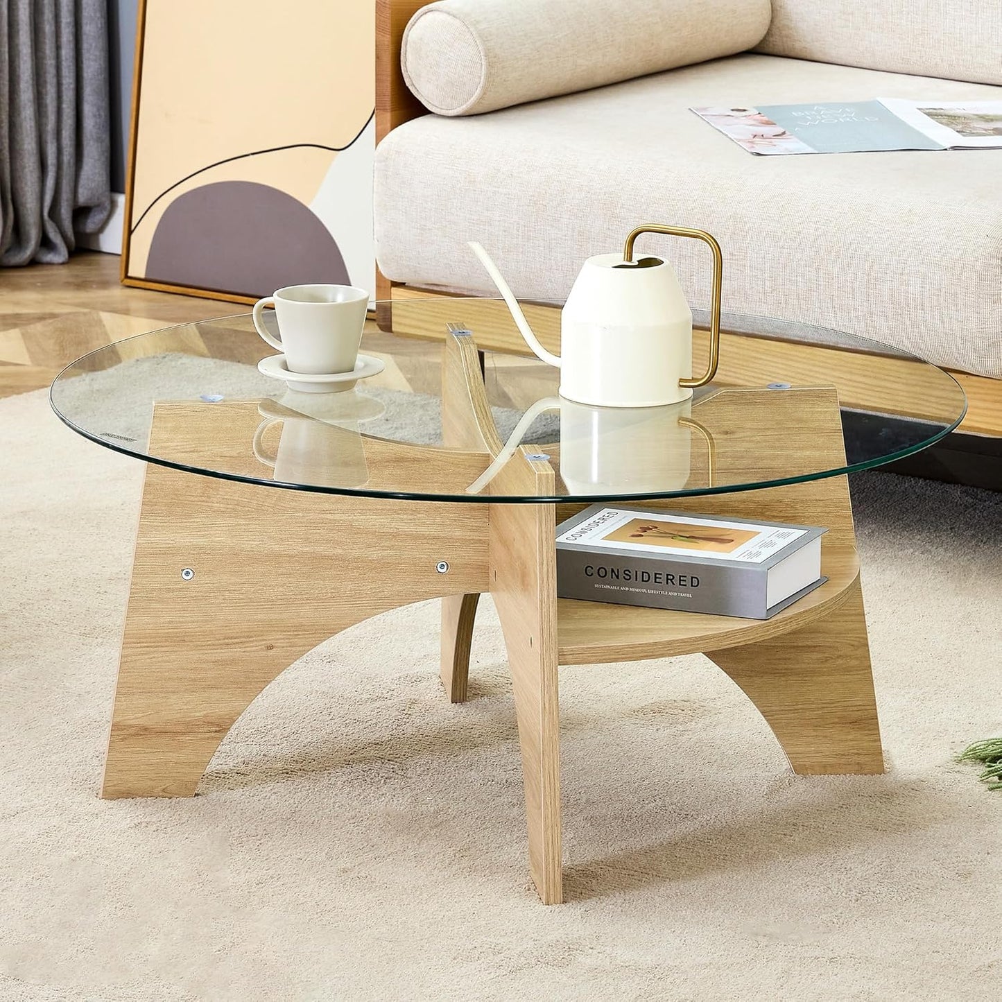 31.5" Round Glass Coffee Table with Tempered Glass Top and MDF Base, Diagonal Fan-Shaped Tray
