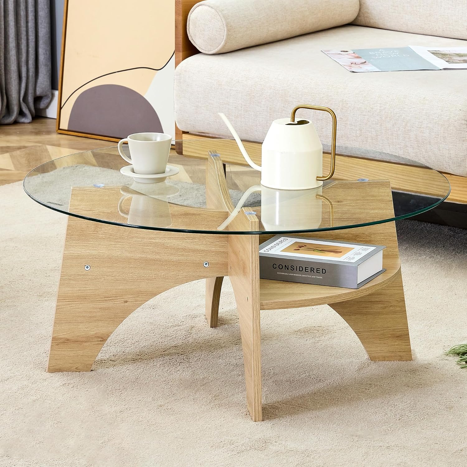 31.5" Round Glass Coffee Table with Tempered Glass Top and MDF Base, Diagonal Fan-Shaped Tray