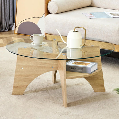 31.5" Round Glass Coffee Table with Tempered Glass Top and MDF Base, Diagonal Fan-Shaped Tray