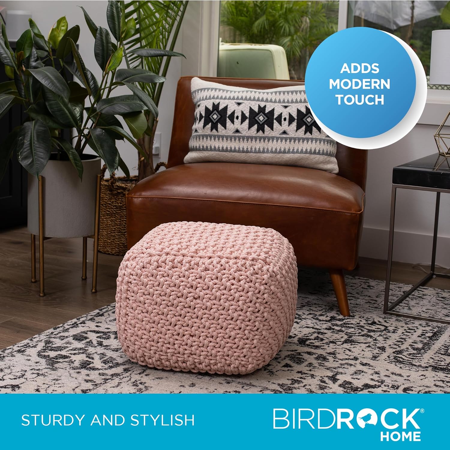 BIRDROCK HOME Square Pouf Ottoman | Cotton Braided Foot Stool with Bean Bag Filling | Boho Foot