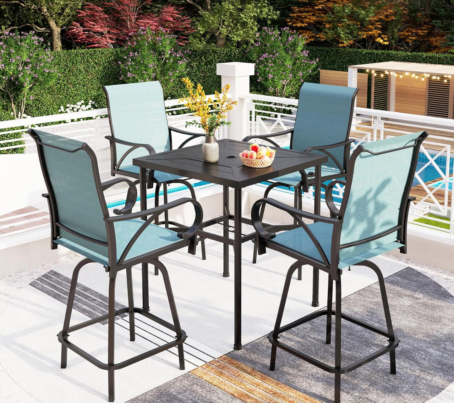 PHI VILLA Outdoor Swivel Bar Stools Set for 4, Metal Patio Bar Table and Chairs Set with Teal