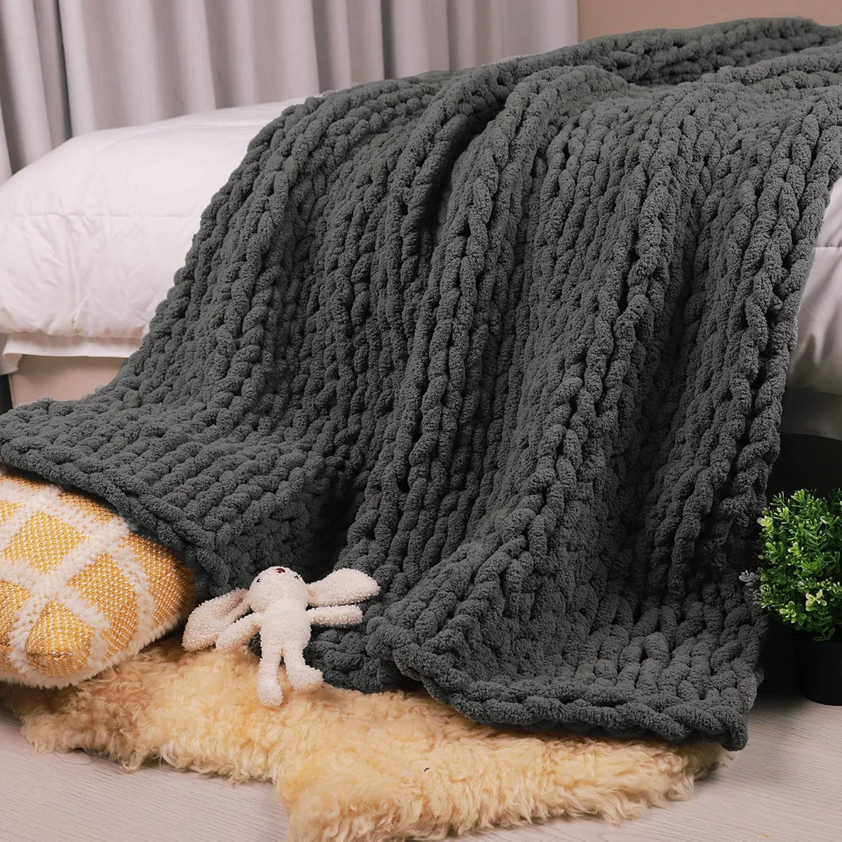 Carriediosa Chunky Knit Throw Blanket 60" X 80" Twin, 100% Hand Made Large Chenille Loop Yarn Soft