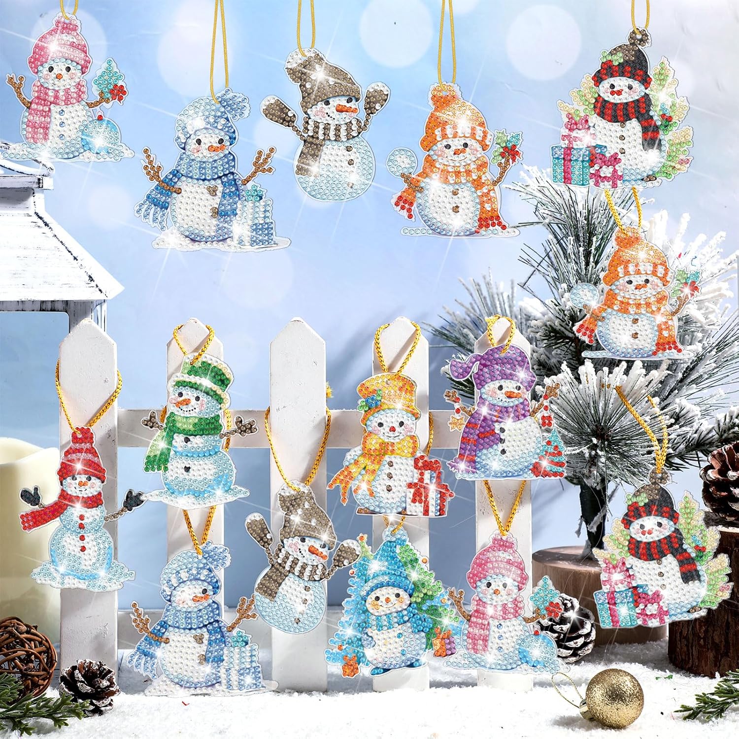 Skylety 20 Pcs Christmas Diamond Art Ornaments Kit Cute Snowman Diamond Painting Ornaments Tag DIY