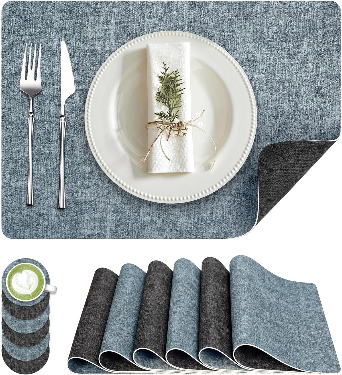 Faux Leather Dual Sided Placemats Set of 6, Square Non-Slip Heat Resistant Placemats with Coaster