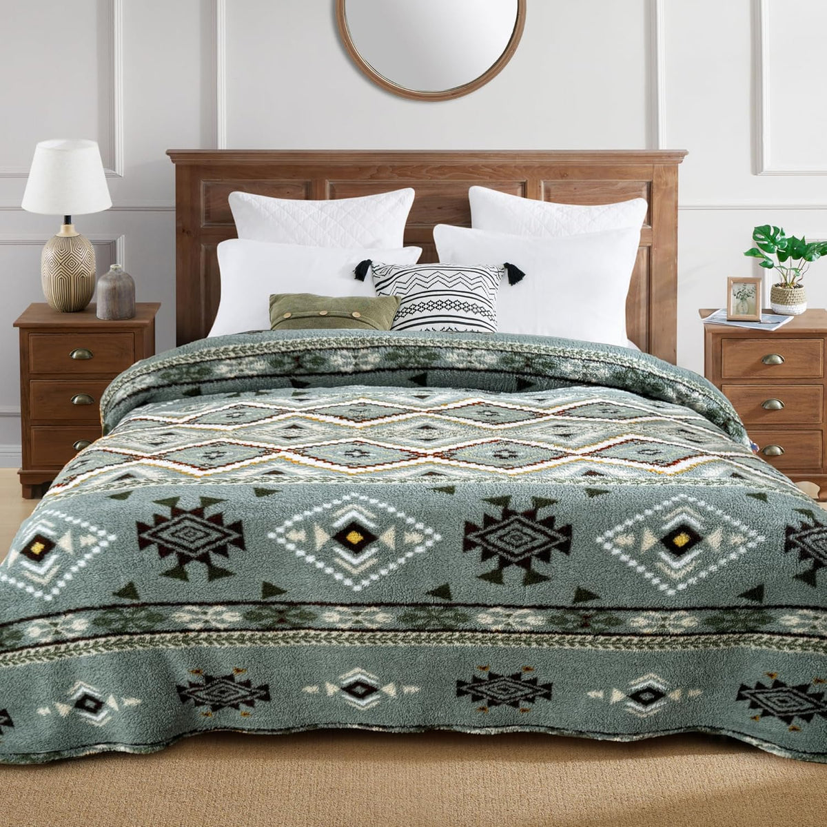 CASAAGUSTO Boho Sherpa Throw Blanket, Aztec Queen Blanket, Ultra Soft, Warm, Cozy, Plush, Thick