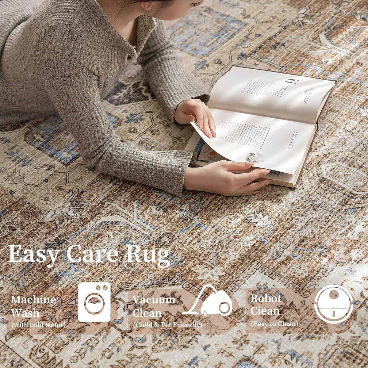 5'x7' Area Rug - Vintage Persian Medallion Design Low-Pile Faux Wool Rug, Non-Slip Backing, Machine