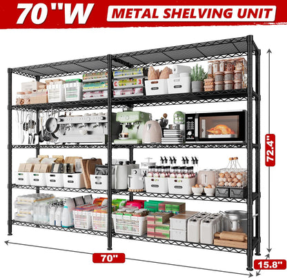 REIBII 70"W Storage Shelves Load 1600LBS, Metal Shelving 5-tier Wire Shelving Unit Metal Shelves