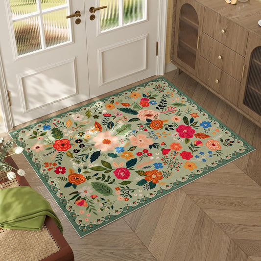 Door Mat Indoor Entrance 2x3 Rug Machine Washable Boho Floral Small Area Rug Non-Slip Low Pile