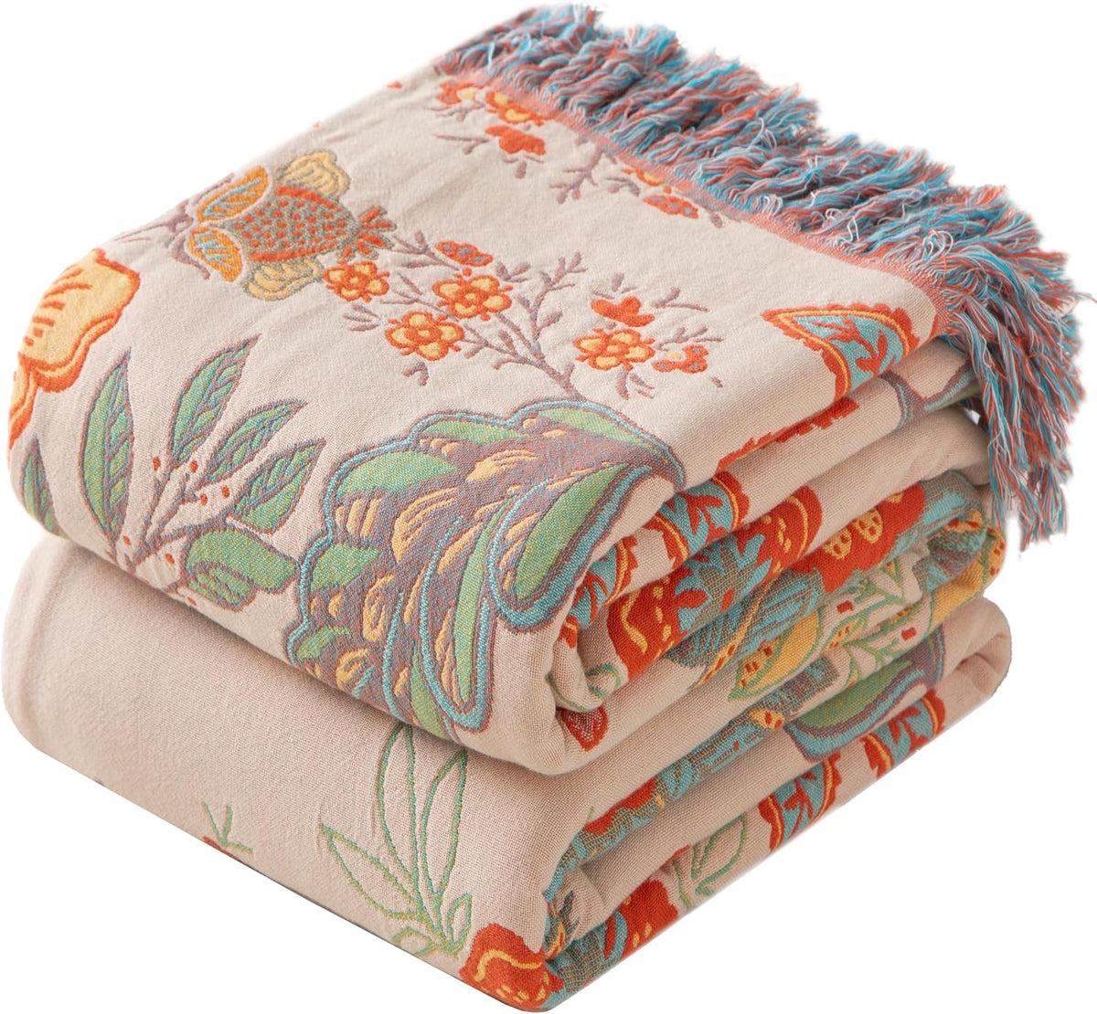 Boho Throw Blanket Full Size, Soft Cozy Cotton Muslin Quilt Blanket for Bed Decor, Floral Patterned