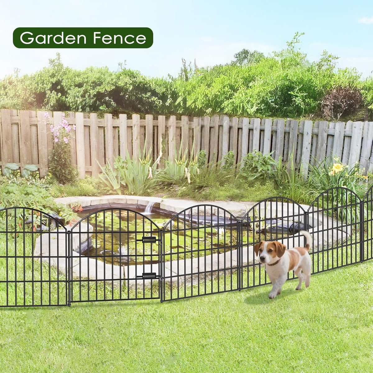 Metal Garden Fence with Gate 28in (H) x 18.7ft (L), 1 Gate + 7 Panels Dog Fence Border Fence Animal
