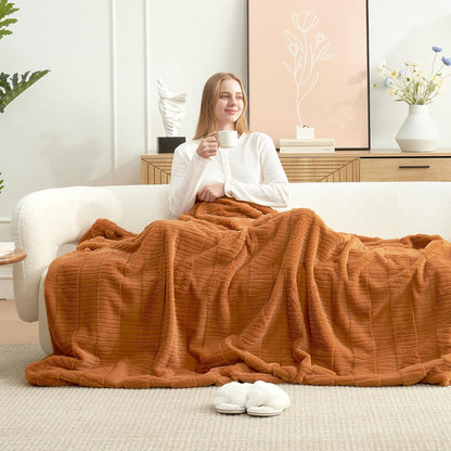 Amélie Home Luxury Striped Faux Fur Throw Blanket for Couch, Embossed Split Fur Cozy Fuzzy Fluffy