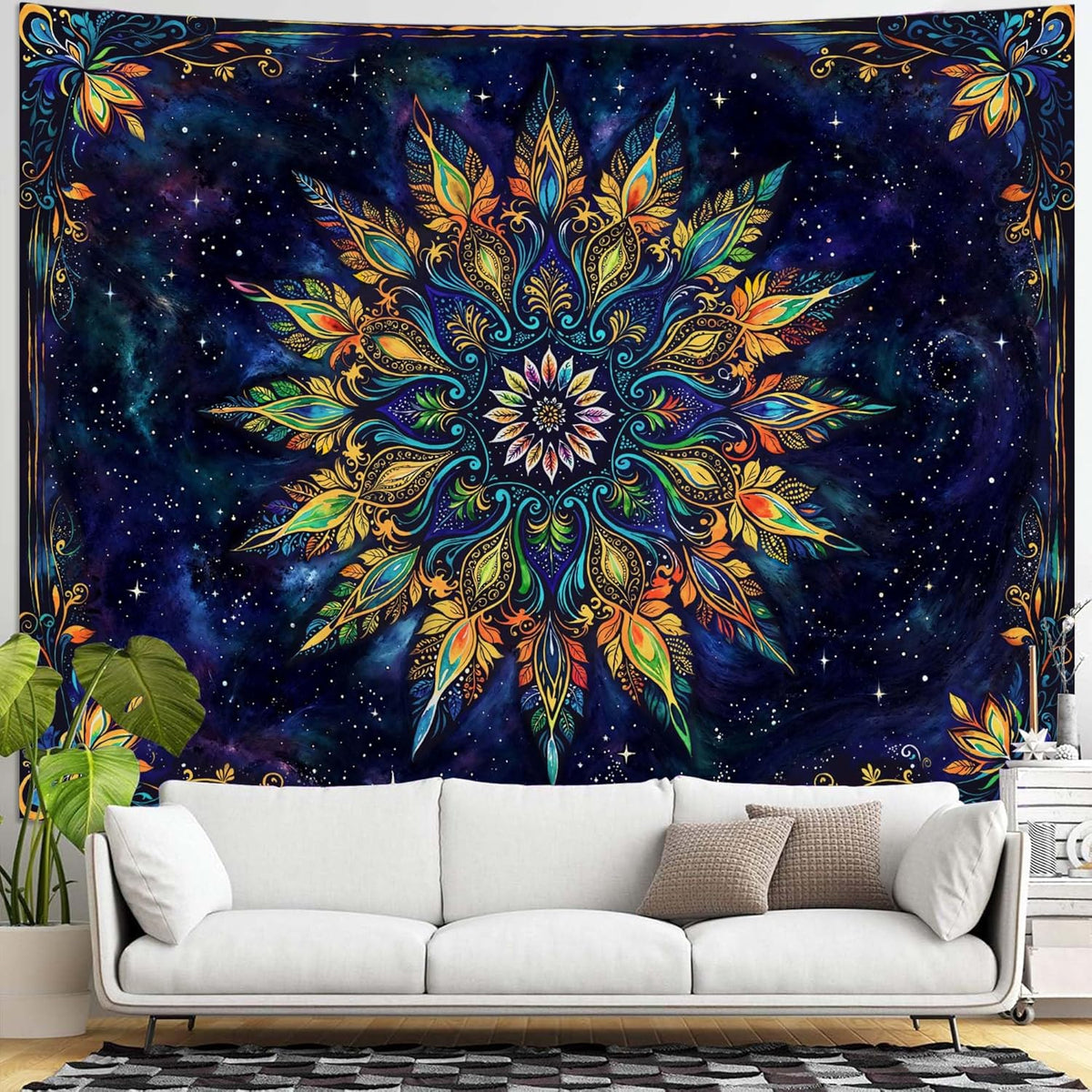 Fowocu Boho Floral Mandala Tapestry for Bedroom Aesthetic Blue Bohemian Colorful Flower Wall