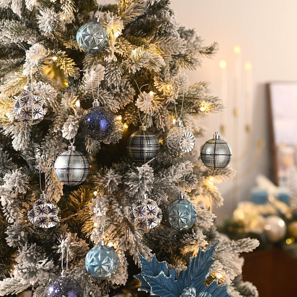 Valery Madelyn Ornaments for Christmas Trees, 9ct 2.36 Inches Navy Blue and Silver Shatterproof