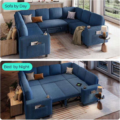LINSY HOME Sectional Sleeper Sofa with Pull Out Couch Bed - Convertible Plush Corduroy Cloud Couch