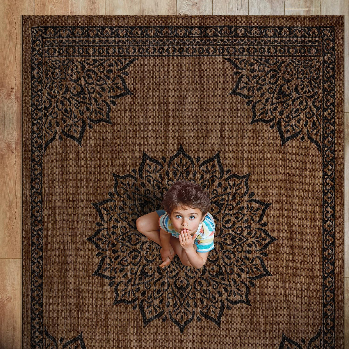 CAMILSON Outdoor Rug, 10x14 Medallion Nut Brown Black Modern Area Rugs for Large Indoor and Outdoor