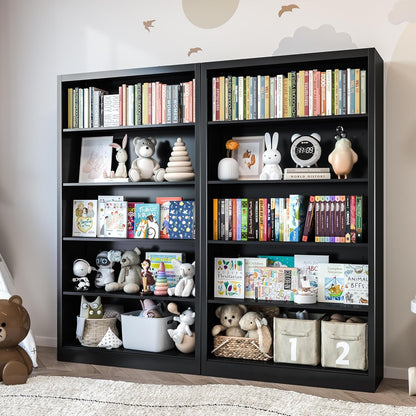 Black Bookshelf, 55” Adjustable Tall Metal Bookshelf, 5-Tier Toy Storage Organizer with Anti-Tilt