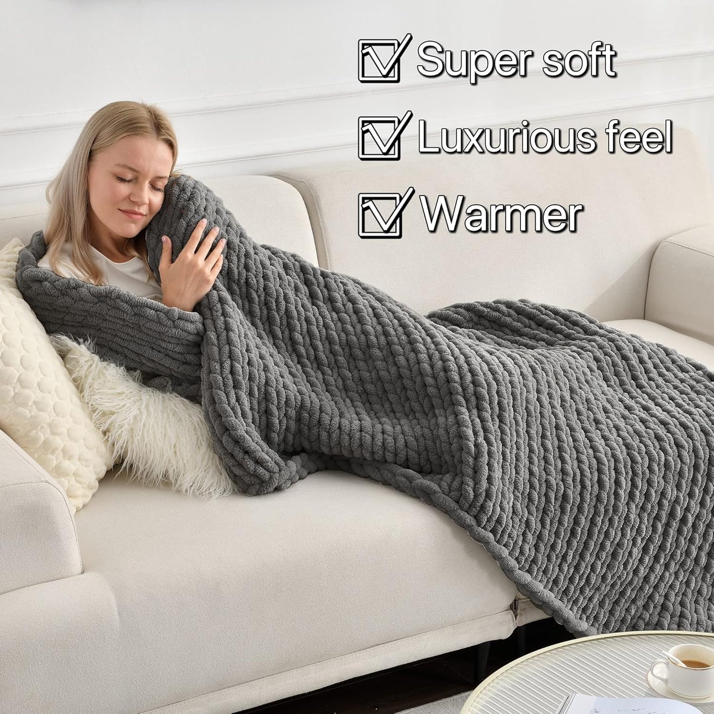 Maetoow Tighter Version Chenille Chunky Knit Blanket Throw （40×50 Inch）, Handmade Warm & Cozy
