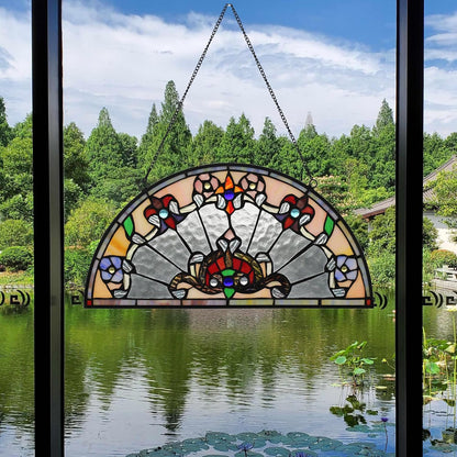 YOURANJU Half Moon Stained Glass Window Hanging Tiffany Style 16" x 8" Half-Round Window Panel