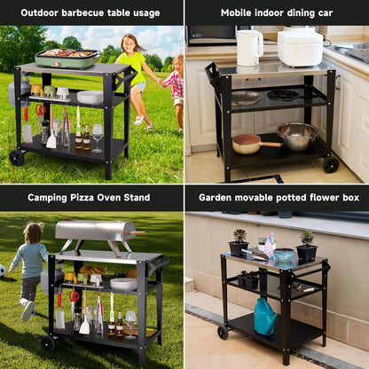 Stainless Steel Outdoor Grill Cart with Wheels, Heavy-Duty 3-Tier BBQ Prep Table for Pizza Oven
