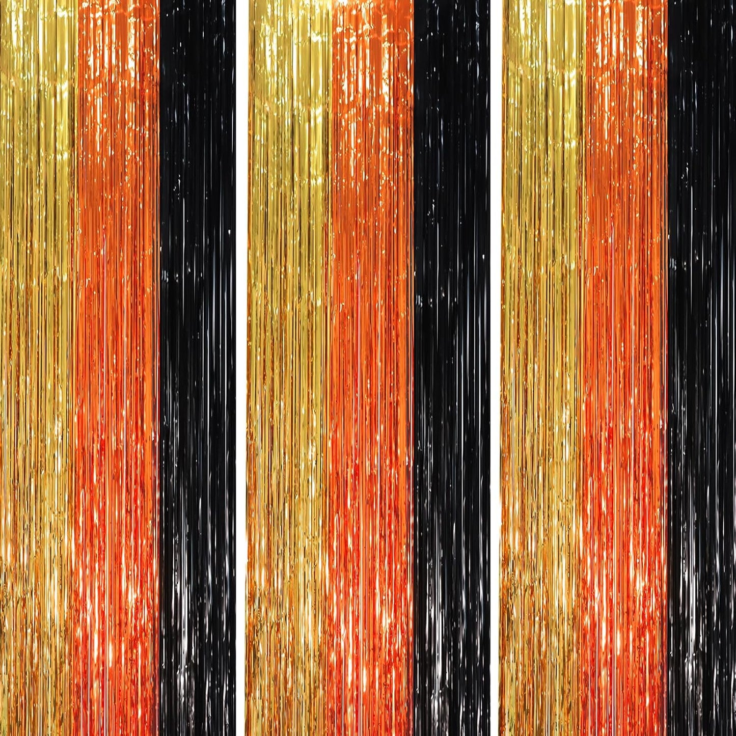 3 Pack 3.3 x 8.2 ft Black Gold Orange Foil Fringe Backdrop Curtains, Tinsel Streamers Party