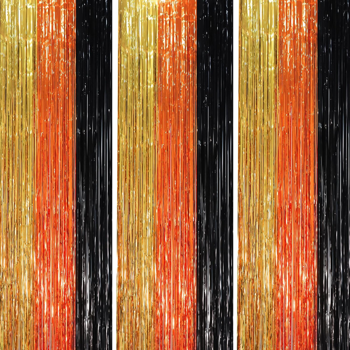 3 Pack 3.3 x 8.2 ft Black Gold Orange Foil Fringe Backdrop Curtains, Tinsel Streamers Party